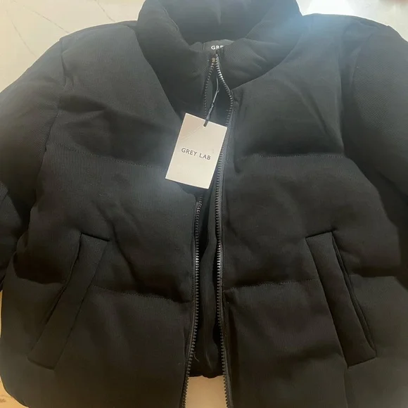 GREY LAB quilted black puffer jacket with matching black cargo pants